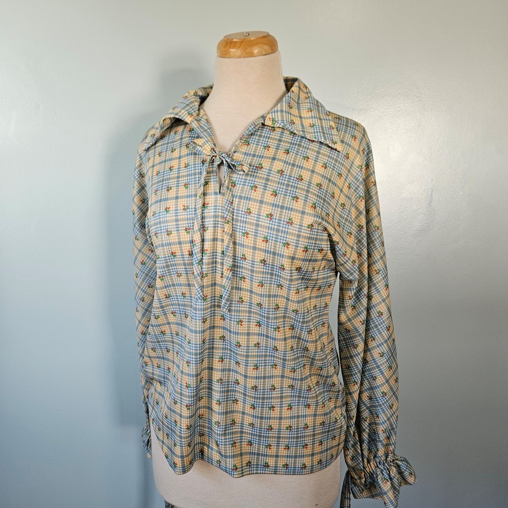Vtg 70s Blue‎ Yellow Plaid Floral Cherry Berry Tie Neck Blouse Top Bishop Sleeve